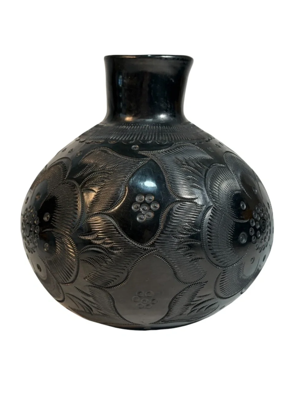 VTG Oaxaca Round Black Clay Pottery Vase Hand Carved Barro Negro Mexico 7.25